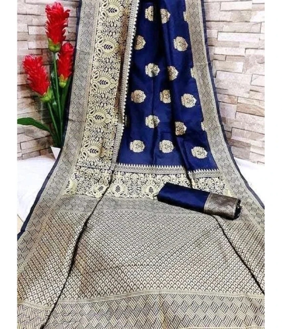 Gazal Fashions Banarasi Silk Embellished Saree With Blouse Piece - Navy Blue ( Pack of 1 ) - Navy Blue