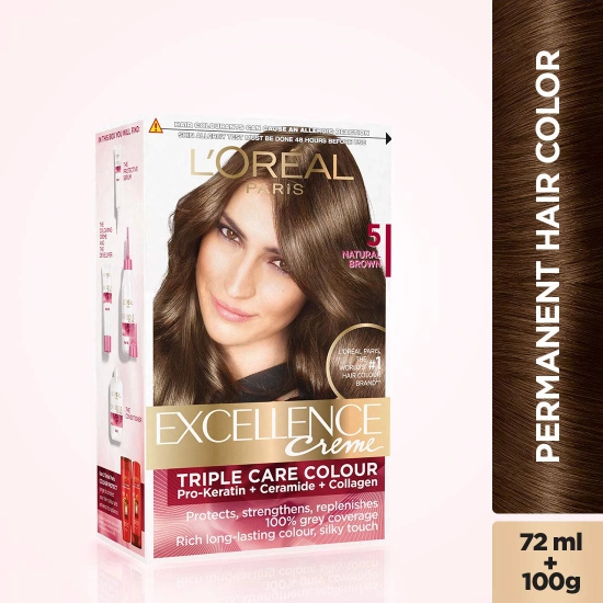 L'Oreal Paris Excellence Creme Hair Color, 72Ml+100G - 5 Light Brown/Natural Brown & Color Protect Shampoo, 175Ml