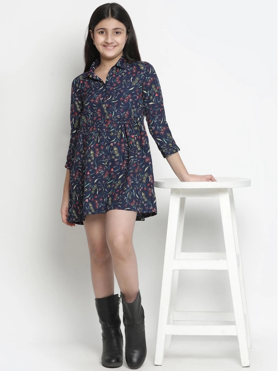 Oxolloxo Girls Navy Blue Floral Satin Shirt Dress