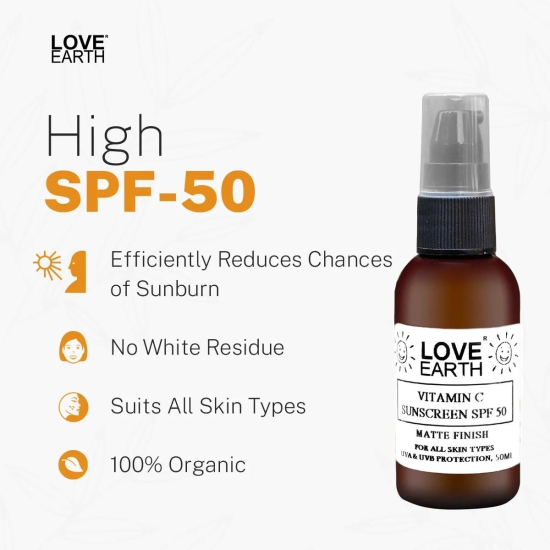 Love Earth Vitamin C Sunscreen SPF-50 For Sun`s UVA, UVB Ray Protection With Vitamin C & Essential Oils For All Skin Types 50ml