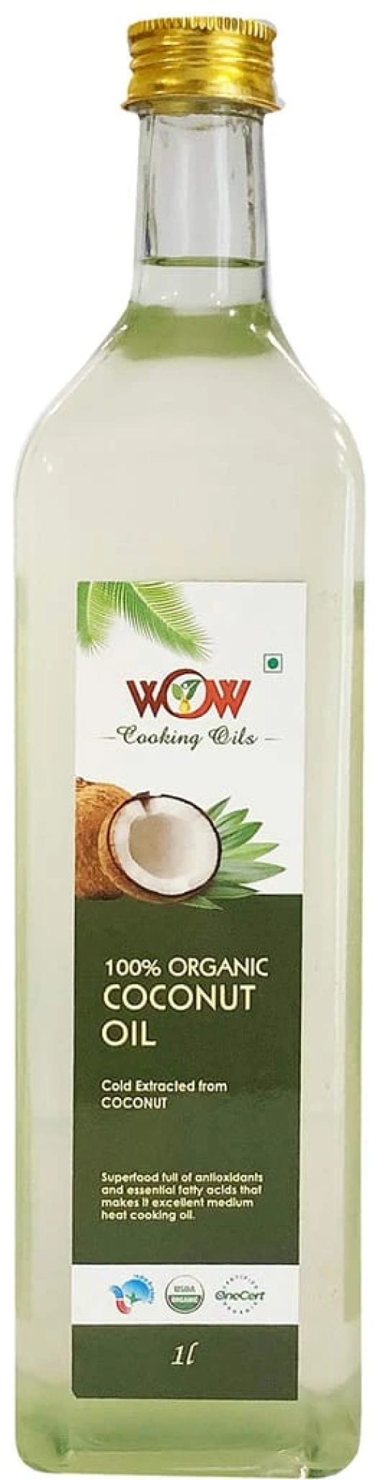 WOW COOKING OILS Certified Organic Virgin Cold Pressed Organic Coconut Cooking Oil 1000 ml ( 1 LTR ) Glass Bottle