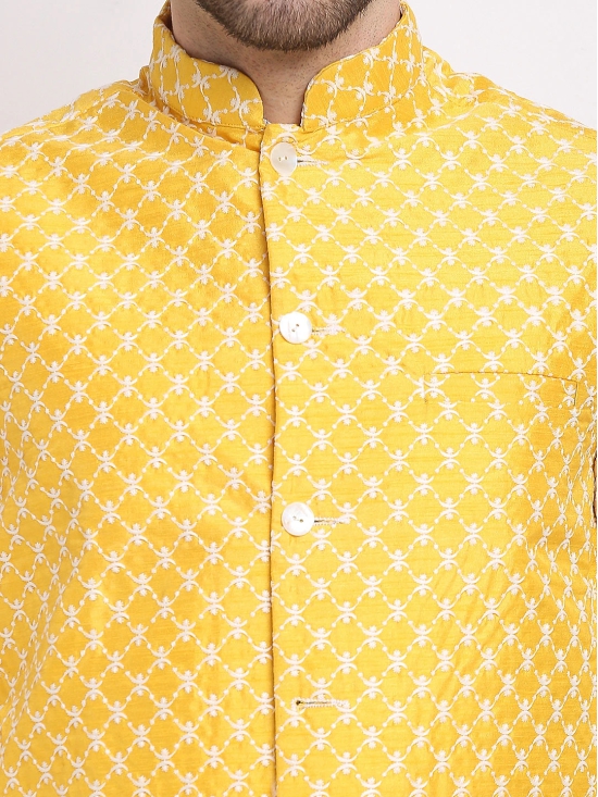 Jompers Mens Mustard Mustard and White Embroidered Nehru Jacket-S / Mustard