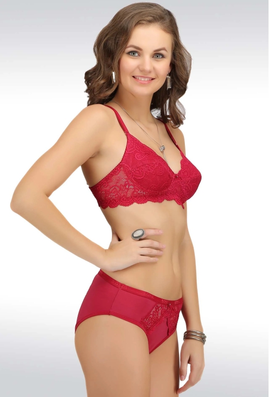 Salsa 5504 Sexy Maroon Lace Medium Coverage Non Padded Non wired Bridal Honeymoon Bra & Panty Sets-38 / B / Maroon