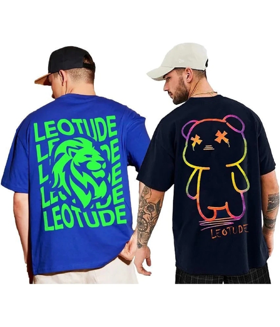 Leotude Cotton Blend Oversized Fit Printed Half Sleeves Mens T-Shirt - Blue ( Pack of 2 ) - None