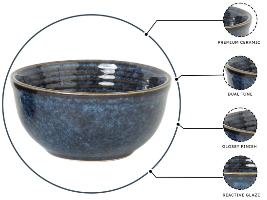 Reactive Handpainted Premium Ceramic 4 Small Dinner Bowl| Dessert Bowl, Soup Bowl, Salad Bowl | Stoneware | Microwave and Dishwasher Safe | Pack of 4 | Reactive Blue