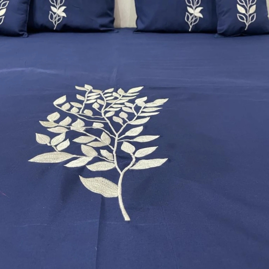 Embroidered Glace Cotton Bedsheet Set of 5-Blue