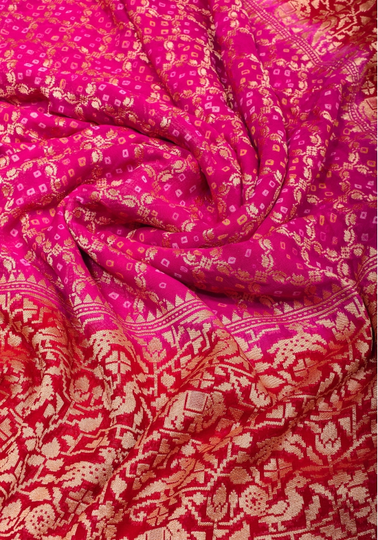 Pink Authentic Hand Bandhej Banarasi Silk Georgette Saree with geometric Jaal and Shikaargah Borders | SILK MARK CERTIFIED