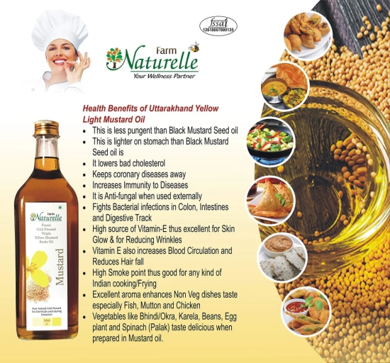 Farm Naturelle (Glass Bottle) Virgin Cold Pressed Uttarakhand Yellow Mustard Seed Cooking Oil (1000 ML) with Free 55Gms x 2, Tulsi Honey and Ginger Honey