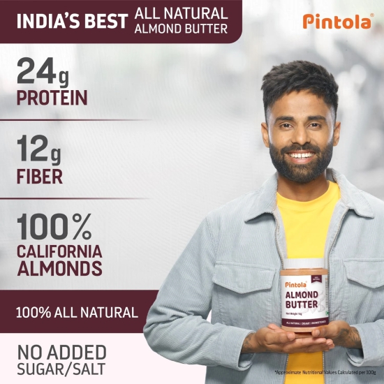 Pintola All Natural Almond Crunchy Unsweetened Butter, 200 Gm