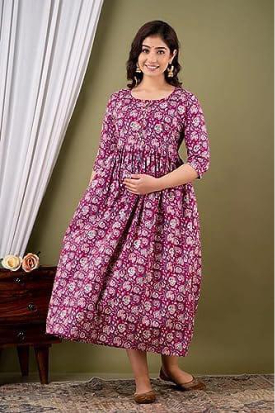 KASHVI Creation Women's Cotton Floral Printed Anarkali Maternity Breast Feeding Kurti-Pink