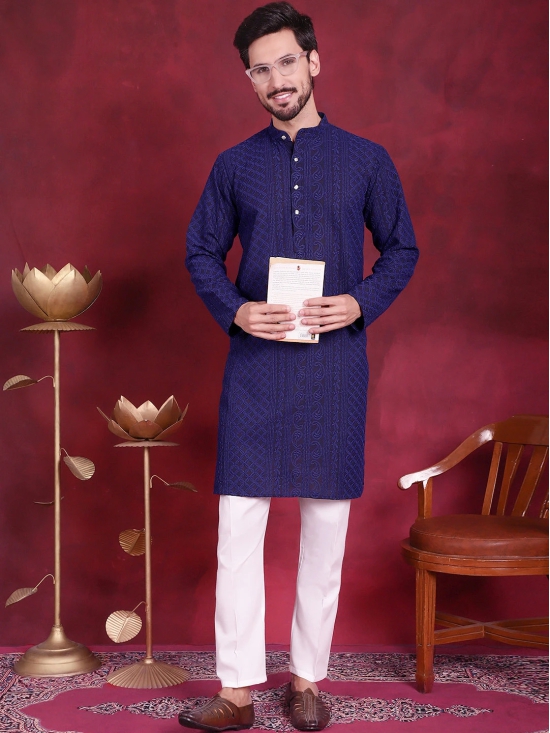 Mens Chikankari Embroidered Kurta Pyjama Set-L / Navy-Blue