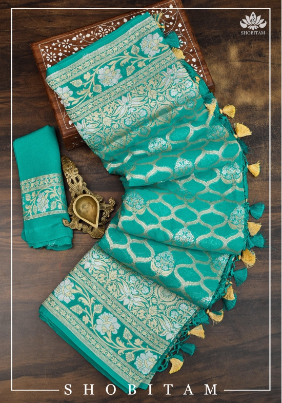 Banarasi Silk Georgette Saree in Alfi Sona Rupa Jaal Weave in Tiffany blue with Stacked border | SILK MARK CERTIFIED | Sarees By Shobitam