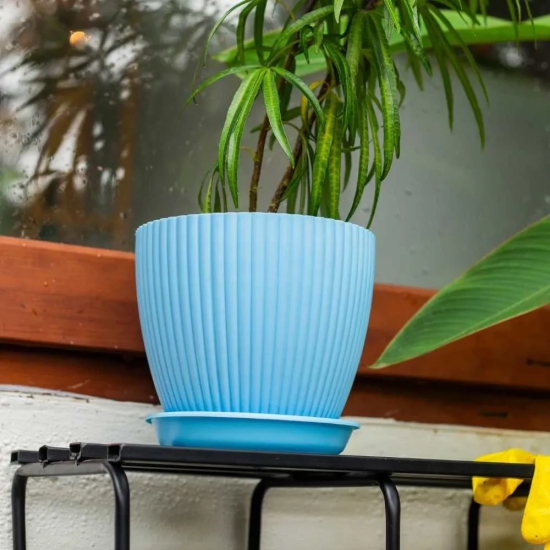 Fluted Dome Plastic Pot with Tray | Set of 5 Jodhpur Blue