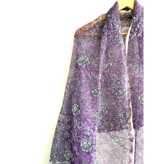 India Scarves Bagru Hand Block Floral Kota Doria Cotton Silk Purple Color Floral Dupatta