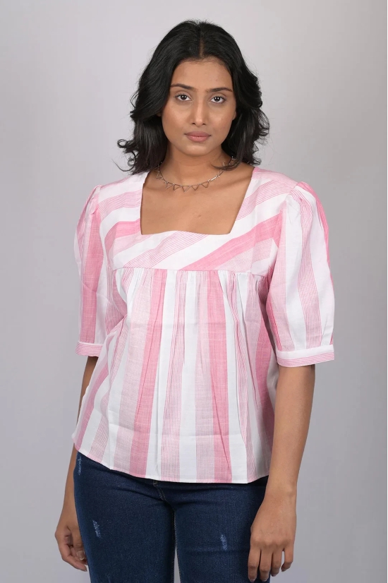 Top for women stylish and trending printed Cotton Light Pink Striped Top With Square Neck (OTL-TPS1075)-Pink / L