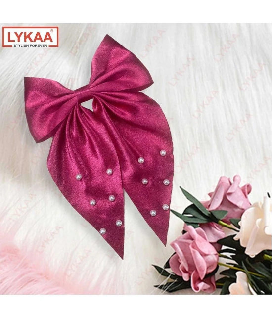 Lykaa Large Satin Hair Bow with Pearls Longtail Clips Hair Accessories for Women -1 Pcs (Multicolor) - Magenta