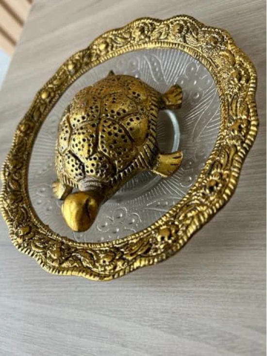 Aarna Creations Vastu Tortoise with Plate| Decorative Glass Metal Golden Carved Kachua with Plate | Metal Glass Fengshui Tortoise