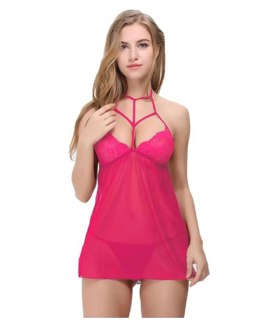 Celosia Net Baby Doll Dresses With Panty - Pink - Free Size