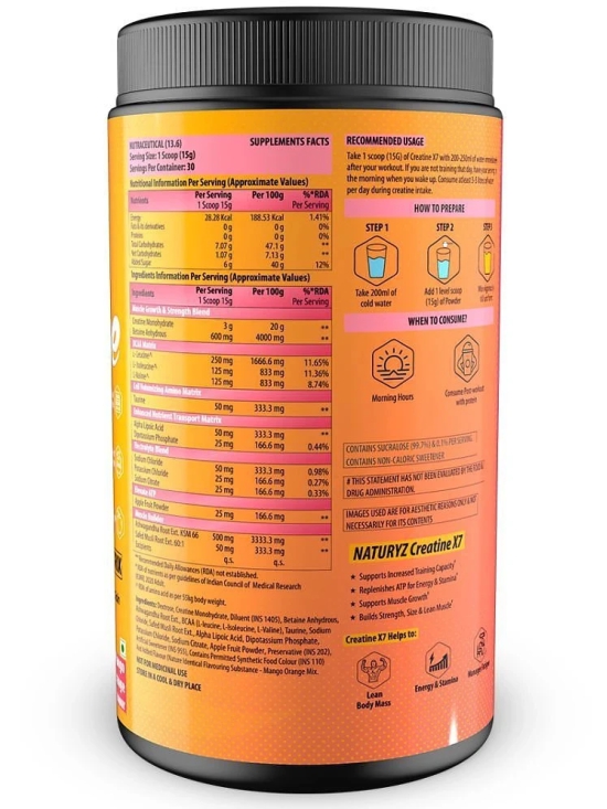 NATURYZ Creatine X7 Post Workout Supplement With 7 Blends & Matrix For Lean Body -450g(Mango Orange)