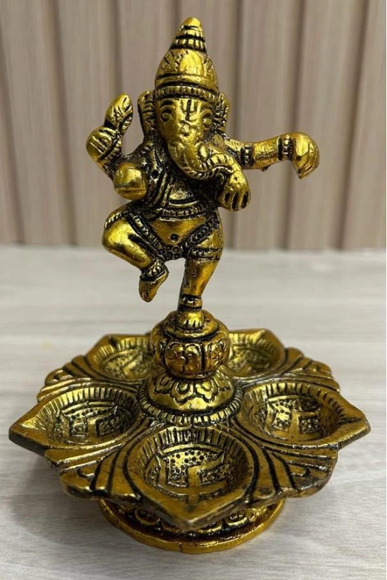 Aarna Creations Hand Crafted Metal Ganesha/Peacock with Panch Diya | Antique Decorative Diya Stand | 5 Diya Stand (Peacock Panch Diya Stand)