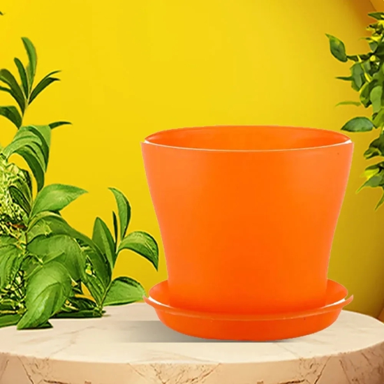 Coloured Plastic Flower Pots with Base Plate | Set of 2 Yellow