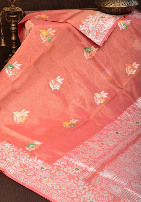 Salmon Pink Tissue Organza Banarasi Pure Silk Saree with Meenakari Buttas | SILK MARK CERTIFIED