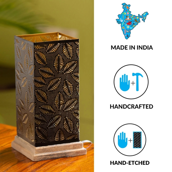 Leafy Plants Hand Etched Table Lamp In Iron & Mango Wood (12 Inch)