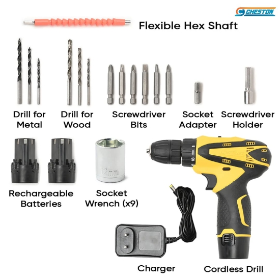 Cheston Cordless Drill Kit: 24 accessories, 10mm Keyless Chuck, 2 batteries, LED torch, Reversible, Variable Speed, Torque Setting.-Cheston Cordless Drill Kit: 24 accessories, 10mm keyless chuck,