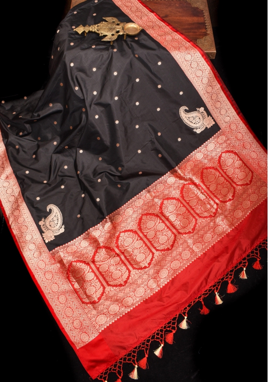 Black and Red Authentic Katan Silk Banarasi Saree with Chunri Buttis and Koniya Motifs | SILK MARK CERTIFIED