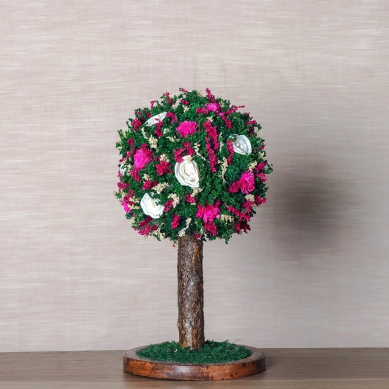 Handmade Bonsai Tree With Sola Flower Arrangement on Wooden Base