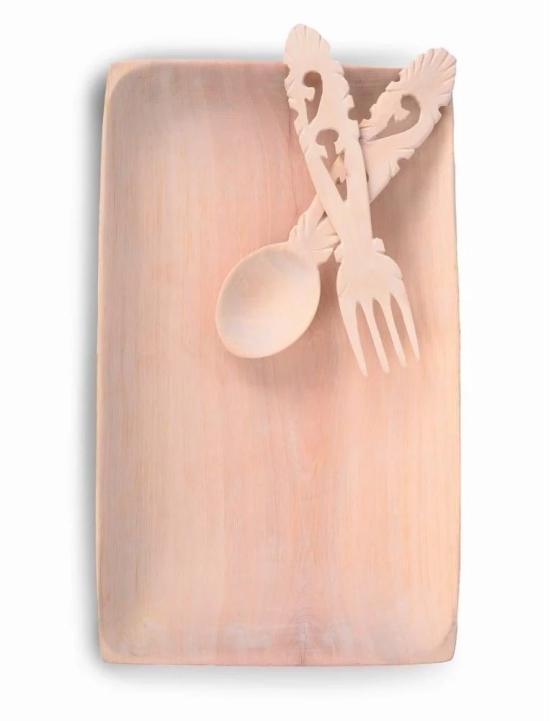 Wooden Serving Tray with Spoon and Fork