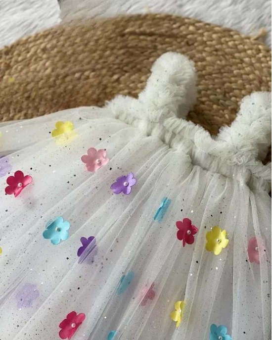 Cutedoll White Sparkle Flower Pattern Kids Party Frock Dress-3-4 Year