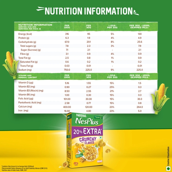 Nestle Nesplus Breakfast Cereal - Crunchy Flakes With Corn & Oats, 475 G Box