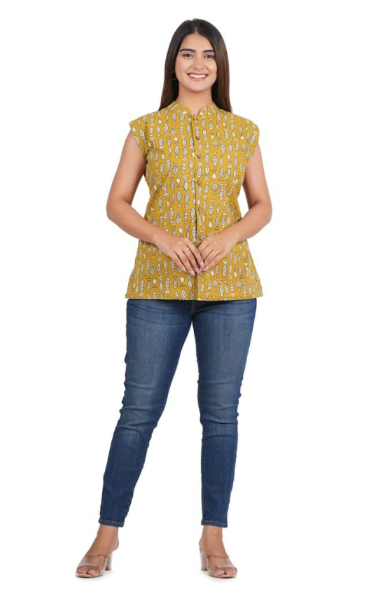 Tribes India Bagru Hand Block Printed Jacket - Yellow