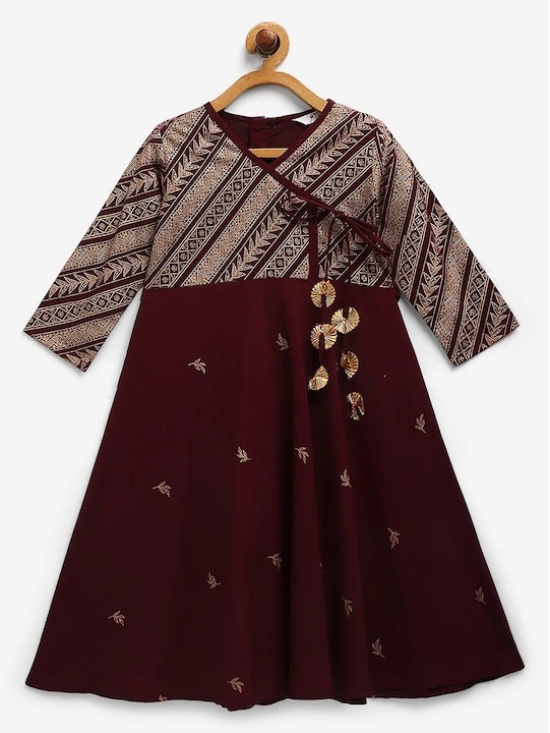 Girls Burgundy Ethnic Motifs Printed Angrakha Kurta