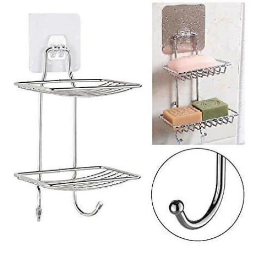 Stainless Steel Wall-Mounted 2-Layer Soap Dish with Hooks