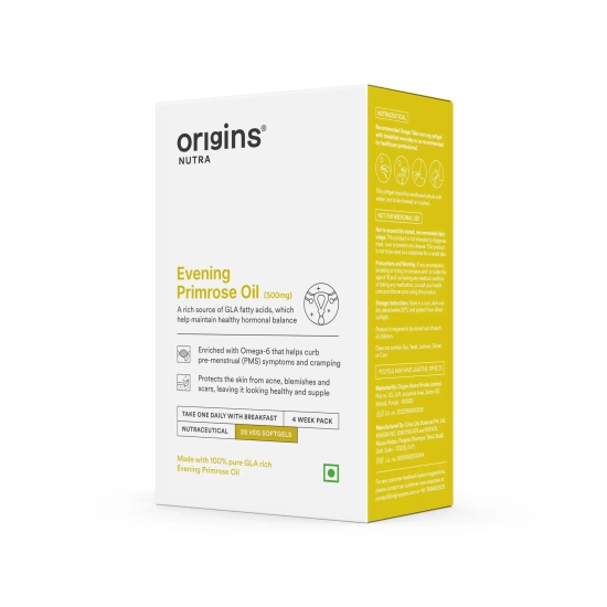 Origins Nutra Evening Primrose Oil | Supports Hormonal Balance, Lowers PMS Symptoms, Improves Skin Health| Evening Primrose Oil | GMP Certified | For Men & Women | 28 Veg Soft Gels