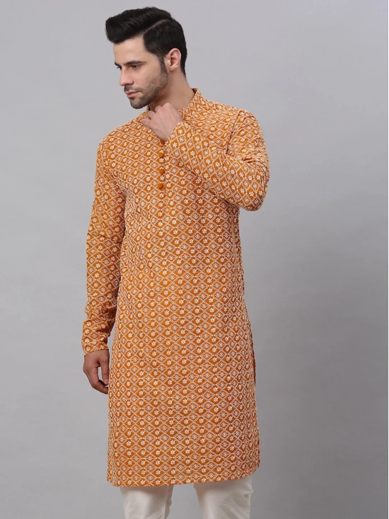 Men's Mustard & White Embroidered Straight Kurtas-S / Mustard