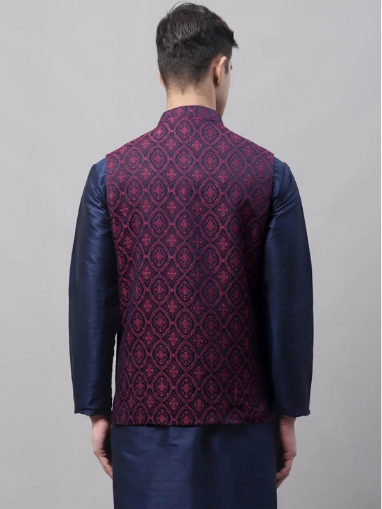 Men Navy Blue and Maroon Woven Design Waistcoats-S / Maroon