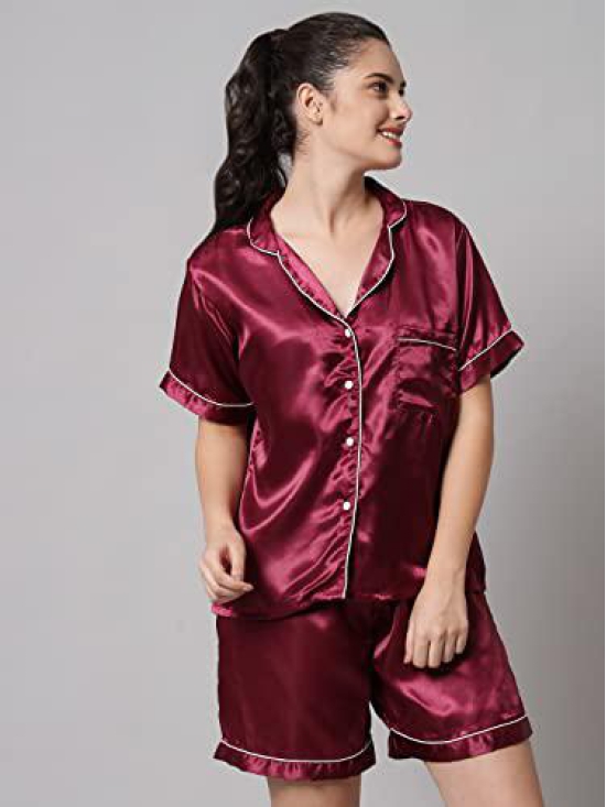 FUNDAY FASHION Women's Satin Plain/Solid Relaxed Night Suit Set Of Top & Shorts