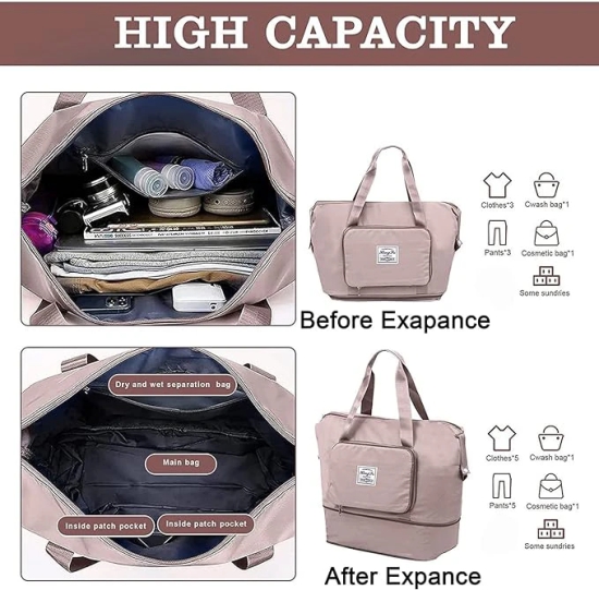 Nylon 41 Liter Expandable Travel Bags For Women, Duffle Bags For Women Luggage, Foldable Vanity Traveling Bag, Waterproof Hand Bag For Ladies Personal Items, Colour Sakura Pink - 22 Cm