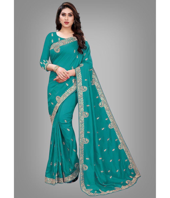 Om Shantam Sarees - Turquoise Silk Blend Saree With Blouse Piece ( Pack of 1 ) - Turquoise