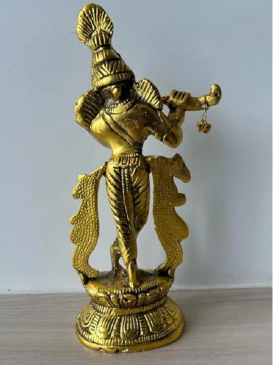 Aarna Creations Hand Carved Metal Krishna with Basuri| Beautiful Krishna with Basuri & Ghungru/Bells | Antique Golden Krishna Idol | Krishna