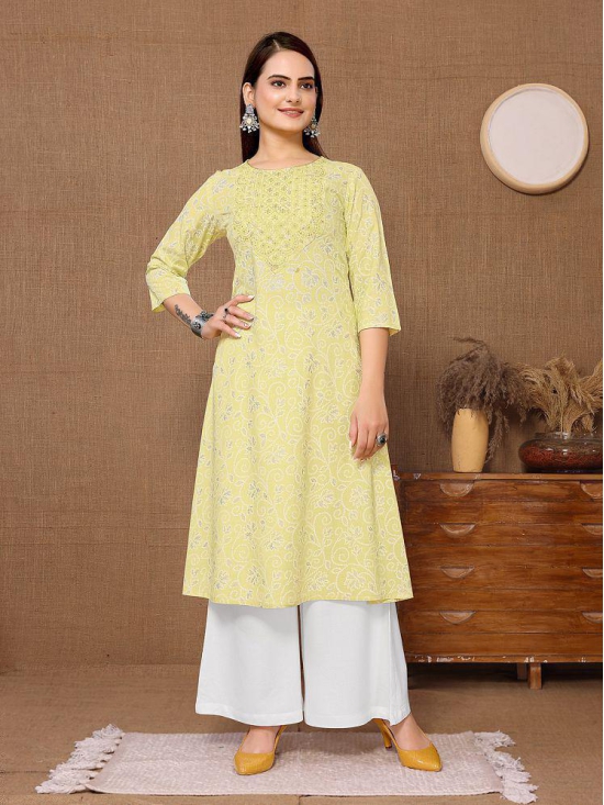 Rangita Women Rayon Yellow Embroidered Calf Length A-line Kurti - None