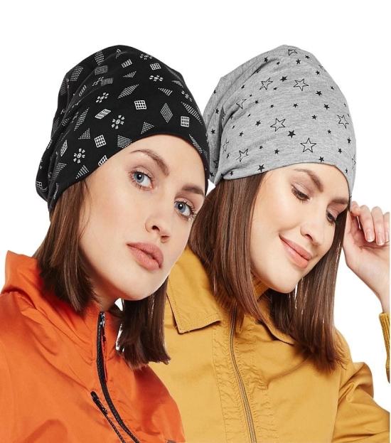 Vimal Jonney Printed Black And Printed Melange Grey Beanie Cap For Women(Pack Of 2) - Multi Color