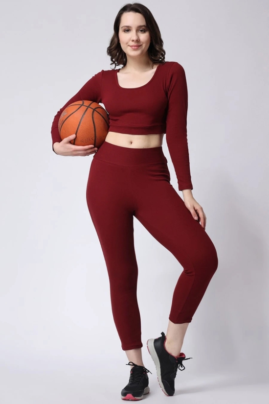 Womens Maroon Gym Co-Ord Set Leggings & Full Sleeves Crop Top-L / Maroon