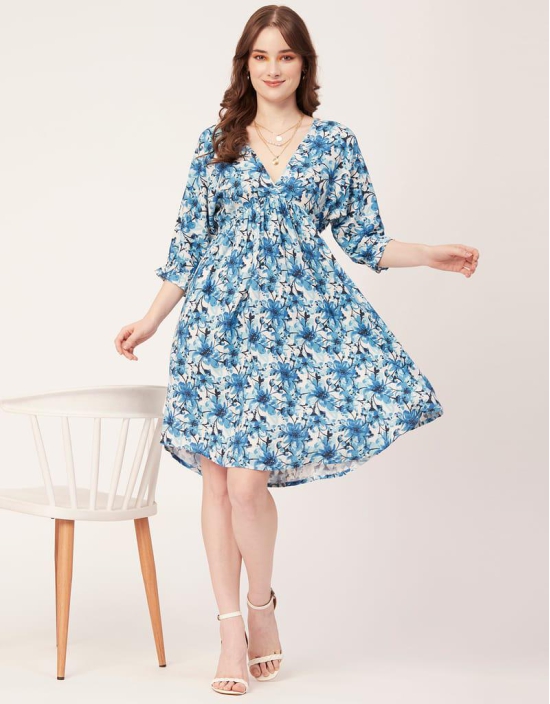 Moomaya Printed Quarter Sleeves Short Dress, Knee Length Flared Hem Summer Dress