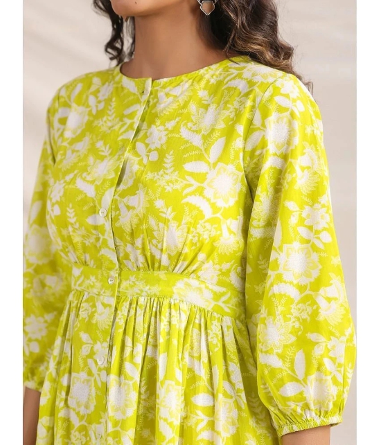 Janasya Cotton Printed Midi Womens A-line Dress - Lime Green ( Pack of 1 ) - None