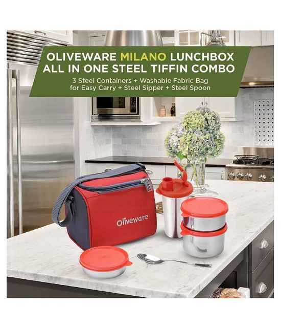 Oliveware Milano Lunch Box, 3 Stainless Steel Containers and Sipper with Steel Spoon - Red