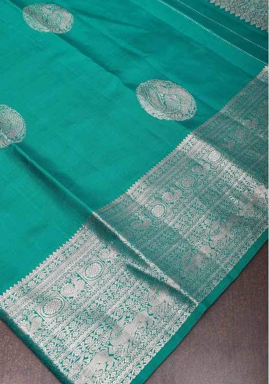 Teal Kanjivaram Silk Saree with Mandala motifs and 6.2